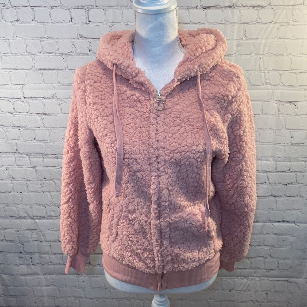 LOVE J Hoodie Fuzzy Sherpa Full Zip Pink-Medium